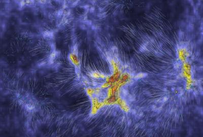 Orbits superimposed on contours of mass density. Milky Way is at the center, near Virgo Cluster. 