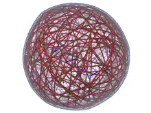 New computer simulations from UMD reveal that much like earthquakes cell “quakes”—sudden restructuring of the cytoskeleton, or scaffolding, inside animal cells—is caused by the slow buildup and rapid release of mechanical energy. This image shows a simulated model cytoskeleton (red, green and blue mesh) contained within a cell membrane depicted in light blue. Click image to download hi-res version. (Image credit Haoran Ni, University of Maryland)