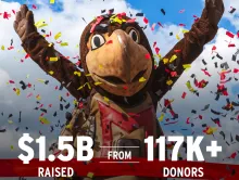 Image of Testudo showered in confetti with amount of money raised and number of donors in the corners