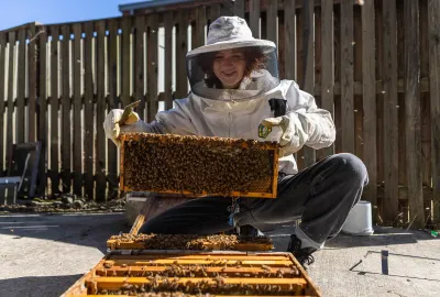 Lila Wilson holds up a frame from a hive, which can hold about 2,000 bees.