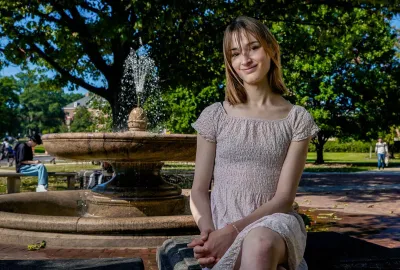 Hannah Cairo in front of Math fountain