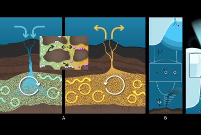 The Investigating Ocean Worlds (InvOW) project will measure organic compounds across three domains:  the subseafloor (A), the ocean (B), and the cryosphere (C), 
