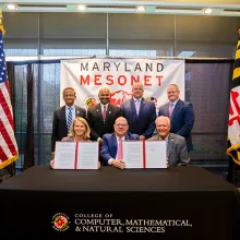 Left to right: Sumant Nigam; Amitabh Varshney; Timothy Tharp; Earl Stoddard; Jennifer King Rice; Larry Hogan; and Russell J. Strickland. Credit: John Consoli.