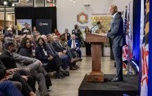 Maryland Gov. Wes Moore speaks to the crowd at IonQ on January 14, 2025.