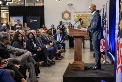 Maryland Gov. Wes Moore speaks to the crowd at IonQ on January 14, 2025.