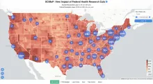 Map of ongoing impacts due to NIH terminated grants and projected losses via proposed research infrastructure cuts (captured from the SCIMaP.org website on 09-10-2025).