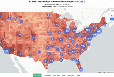 Map of ongoing impacts due to NIH terminated grants and projected losses via proposed research infrastructure cuts (captured from the SCIMaP.org website on 09-10-2025).