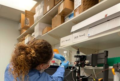  A woman in blue works at the bench in a lab.