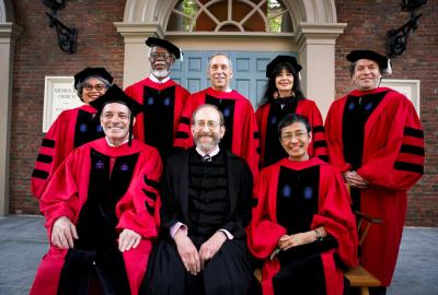 Honorary degree recipients Jennie Chin Hansen (clockwise from top left), Sylvester James Gate Jr., Lawrence S. Bacow, Joy Harjo-Sapulpa, Gustavo Adolfo Dudamel Ramírez, and Maria Ressa with interim President Alan Garber and interim Provost John Manning. Credit: Stephanie Mitchell/Harvard Staff Photographer