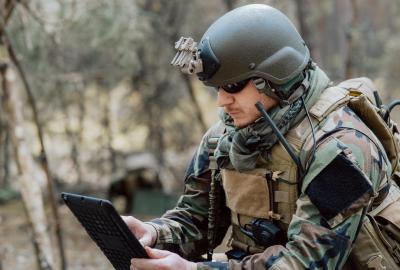 Bearded soldier on tablet