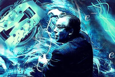 Current quantum computers, utilizing technologies like the trapped ion device on the left, are beginning to tackle problems theoretical physicists care about, like simulating particle physics models. More than 60 years ago, the physicist Julian Schwinger laid the foundation for describing the relativistic and quantum mechanical behaviors of subatomic particles and the forces among them, and now his namesake model is serving as an early challenge for quantum computers.