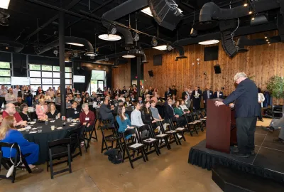 Vice President for Research Gregory F. Ball addressing spectators at Innovate Maryland at the Hall CP.