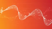 Illustration depicting a white musical staff curving across a red-orange gradient.