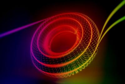 A new technique sees two distinct particles of light enter a chip and two identical twin particles of light leave it. The image artistically combines the journey of twin particles of light along the outer edge of a checkerboard of rings with the abstract shape of its topological underpinnings. (Credit: Kaveh Haerian)