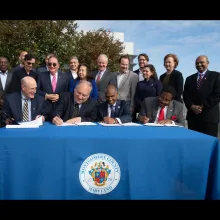 Left to right: Sumant Nigam; Amitabh Varshney; Timothy Tharp; Earl Stoddard; Jennifer King Rice; Larry Hogan; and Russell J. Strickland. Credit: John Consoli.