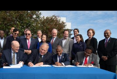 Left to right: Sumant Nigam; Amitabh Varshney; Timothy Tharp; Earl Stoddard; Jennifer King Rice; Larry Hogan; and Russell J. Strickland. Credit: John Consoli.