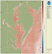 Winter 2023-2024 water temperature difference map for Chesapeake Bay from satellite data