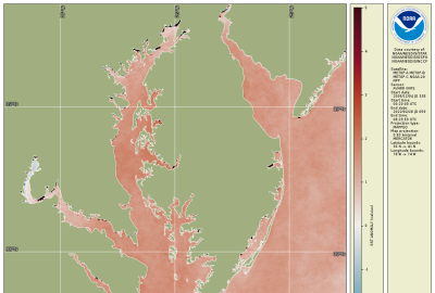 Winter 2023-2024 water temperature difference map for Chesapeake Bay from satellite data