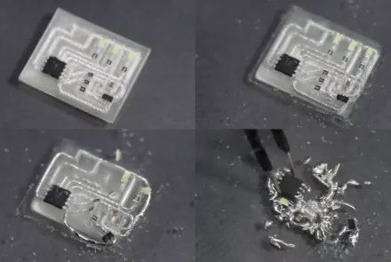 Time-lapse images show a magnetic field detector circuit that was manufactured using DissolvPCB materials as it slowly disperses into recyclable materials after being immersed in water.