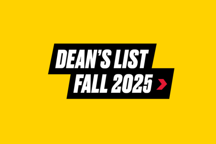A UMD gold-colored box with bold italic text on a black ribbon that says Dean's List Fall 2025