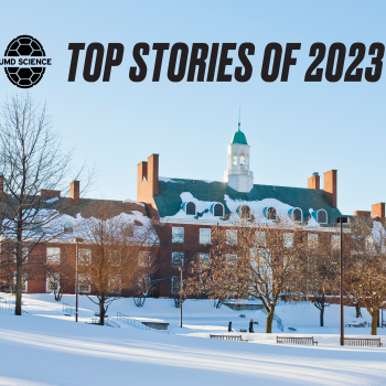 UMD Microbiology Building with "UMD Science Top Stories of 2023" text