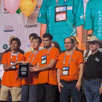 photo of University of Maryland students Sujay Konda, left, Kelin Zhu, second from left, and Danny Mittal, center, stand with Professor Mohammad Hajiaghayi, second from right, after receiving Highest Honors at the ICPC World Finals in Baku, Azerbaijan, on Wednesday, Sept. 4, 2025.