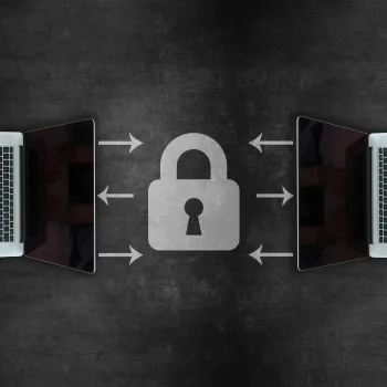 Two sets of hands typing on laptops. In between then, there is a chalk graphic of a lock.