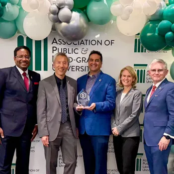 From left, UMD President Darryll J. Pines, Chief Innovation Officer Dean Chang, Innovation & Entrepreneurship Ecosystem Catalyst Sammy Popat, Senior Vice President and Provost Jennifer King Rice and Vice President for Research Patrick O'Shea accept the Association of Public and Land-grant Universities’ 2025 Innovation & Economic Prosperity Innovation Award.