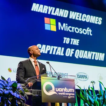 The governor of Maryland, Wes Moore, addresses the Quantum World Congress.