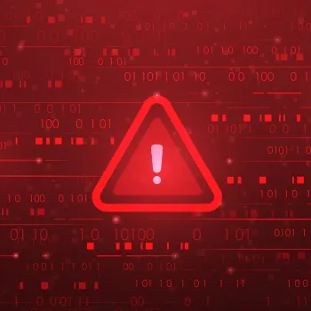 Red caution sign surrounded by binary code