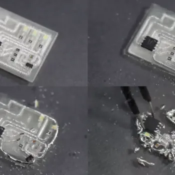 Time-lapse images show a magnetic field detector circuit that was manufactured using DissolvPCB materials as it slowly disperses into recyclable materials after being immersed in water.