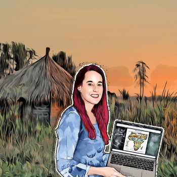 An illustration of Kimberly Slinski standing in front of a home in Africa, holding her laptop, which is displaying satellite information.