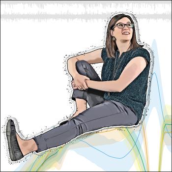 A brightly-colored illustration of Melissa Caras sitting on a soundwave.