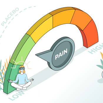 A colorful illustration representing a pain scale, with a cartoon woman sitting in the green zone, suggesting eased pain.