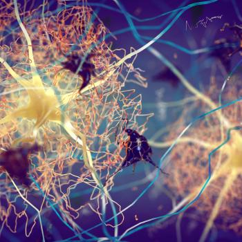 Colorful 3D illustration representing amyloid plaquing between neurons in the brain.