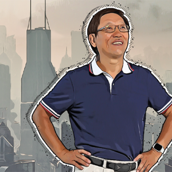 An Illustration of Zhanqing Li standing with his hands on his hips. A smoggy city is in the background.
