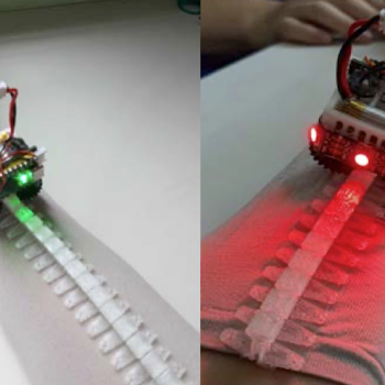 wearable mini robot running along track on person's arm