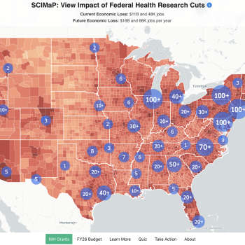 Map of ongoing impacts due to NIH terminated grants and projected losses via proposed research infrastructure cuts (captured from the SCIMaP.org website on 09-10-2025).