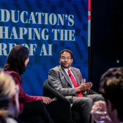 Luiza Savage of the Washington Post speaks with UMD President Darryll Pines and UMD Professor Hal Daumé III at The Washington Post Global AI Summit.