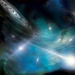 An artist's rendering of an array of pulsars affected by gravitational ripples produced by a black hole