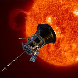 An illustration of NASA's Parker Solar Probe flying in front of the sun