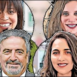 Illustrations of the faces of four Terp Science alumni.