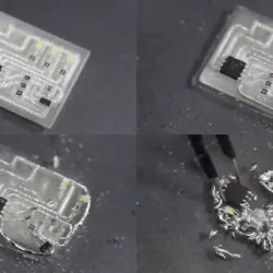 Time-lapse images show a magnetic field detector circuit that was manufactured using DissolvPCB materials as it slowly disperses into recyclable materials after being immersed in water.
