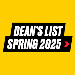 A UMD gold-coloed box with bold italic text on a black ribbon that says Dean's List Spring 2025