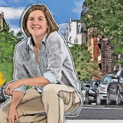 An illustration of Karin Burghardt, kneeling on one knee, with a city street in the background.