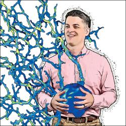A brighly-colored illustration of Colenso Speer holding a giant blue neuron with yellow-green highlights.