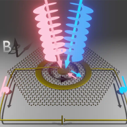 In a new experiment, light beams carrying orbital angular momentum caused electrons in graphene to gain (blue beam) and lose (red beam) angular momentum, transporting them across the sample and generating a current that researchers measured. (Credit: Mahmoud Jalali Mehrabad/JQI)