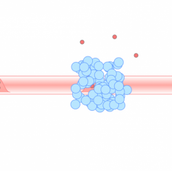 Researchers have engineered a cloud of atoms (blue circles) to create exotic interactions that selectively whittle down a beam of light made of bunches of one, two or three photons (red circles). In the animation above, the ideal case is presented: All groups of three photons interact with each other and are knocked out of the beam, while the smaller bunches pass through unaffected. (Credit: Chris Cesare/JQI)