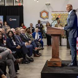 Maryland Gov. Wes Moore speaks to the crowd at IonQ on January 14, 2025.