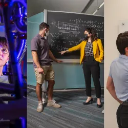 Researchers pointing to a chalkboard